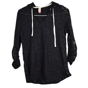 No Boundaries Hoodie XL Womens Floral Knit Lace Black Pullover Polyester